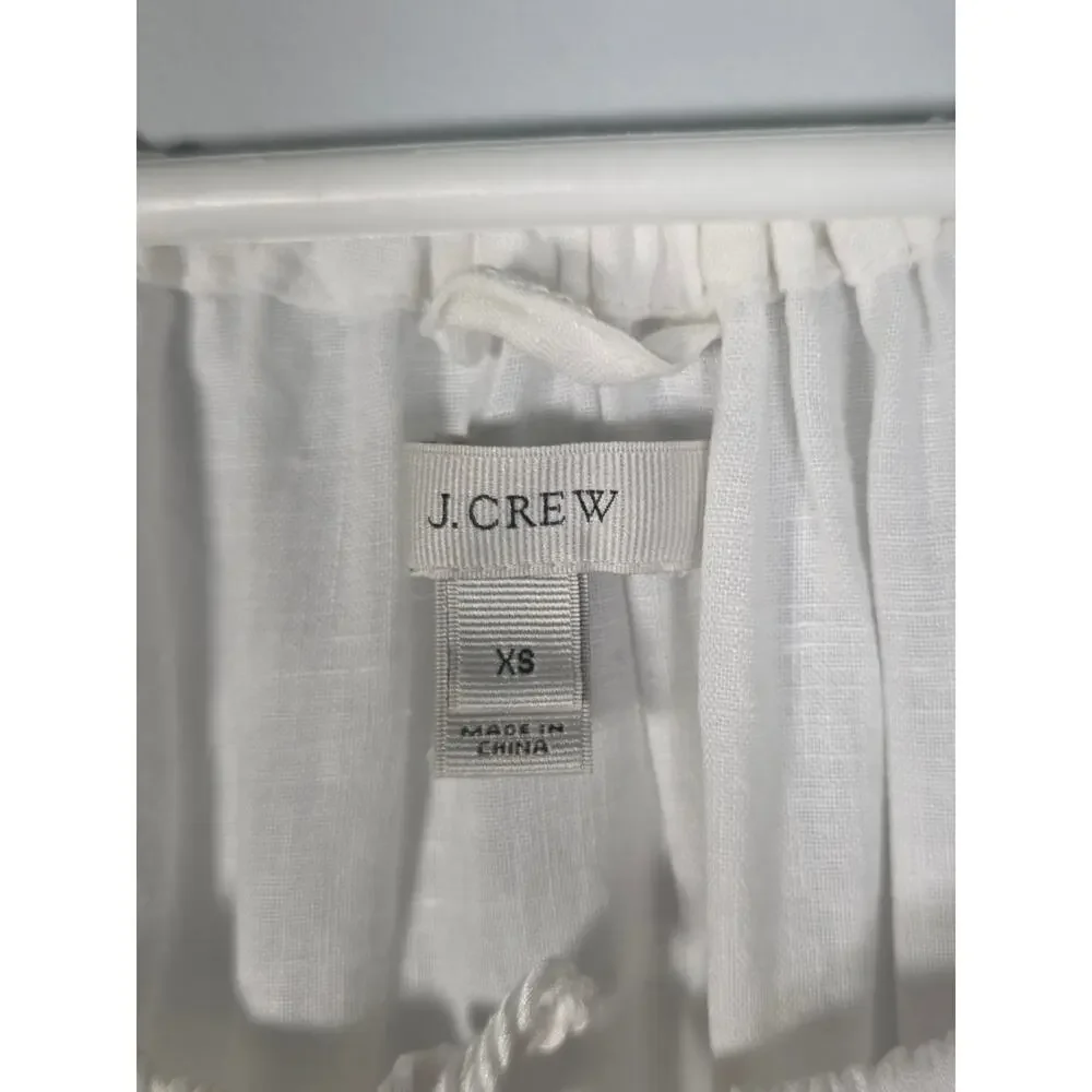 J.Crew Linen Peasant Top White Navy Embroidered Hem Boho Blouse XS